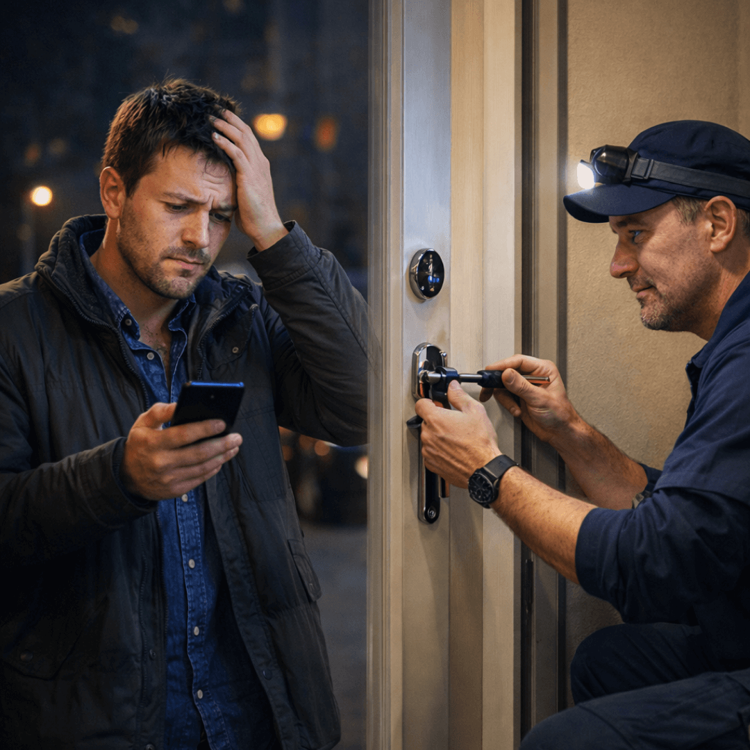 rofessional locksmith helping a worried man who is locked out of his house.