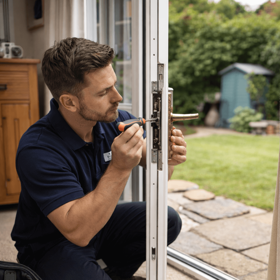 Locksmith installing a high-security Yale lock on a white front door.