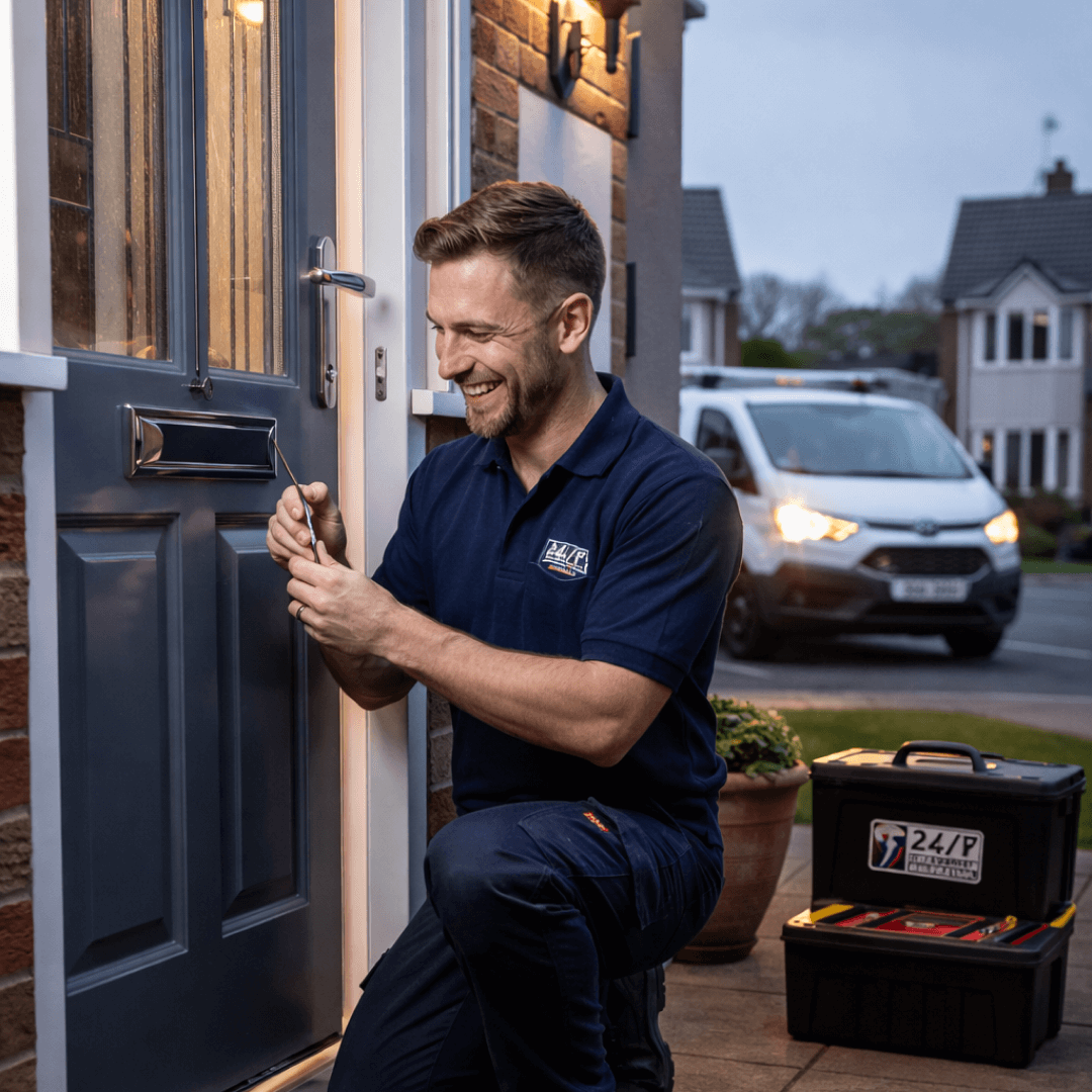 24/7 locksmith van arriving at a residential property for emergency lockout.