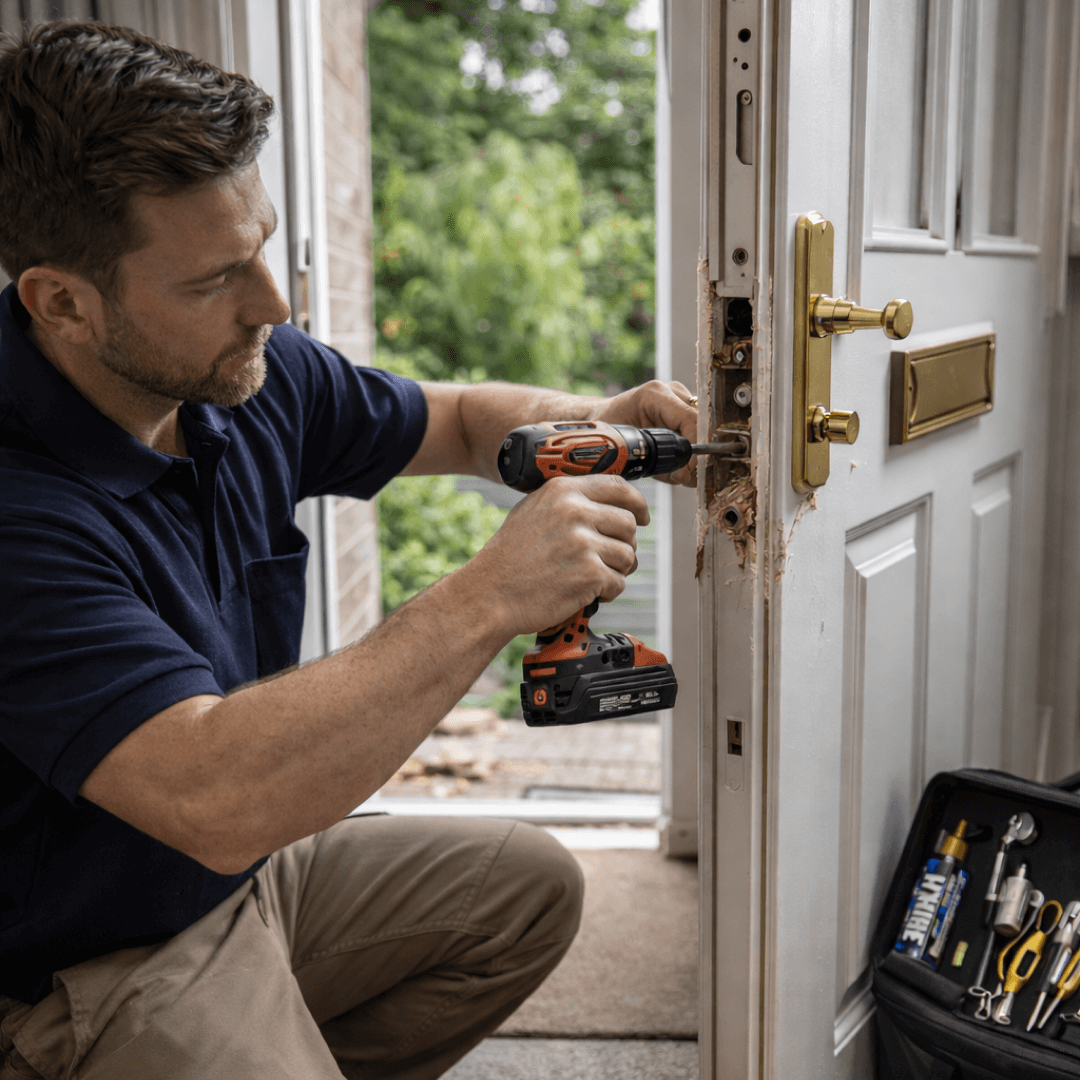 Locksmith using a power drill to replace a broken door cylinder.
