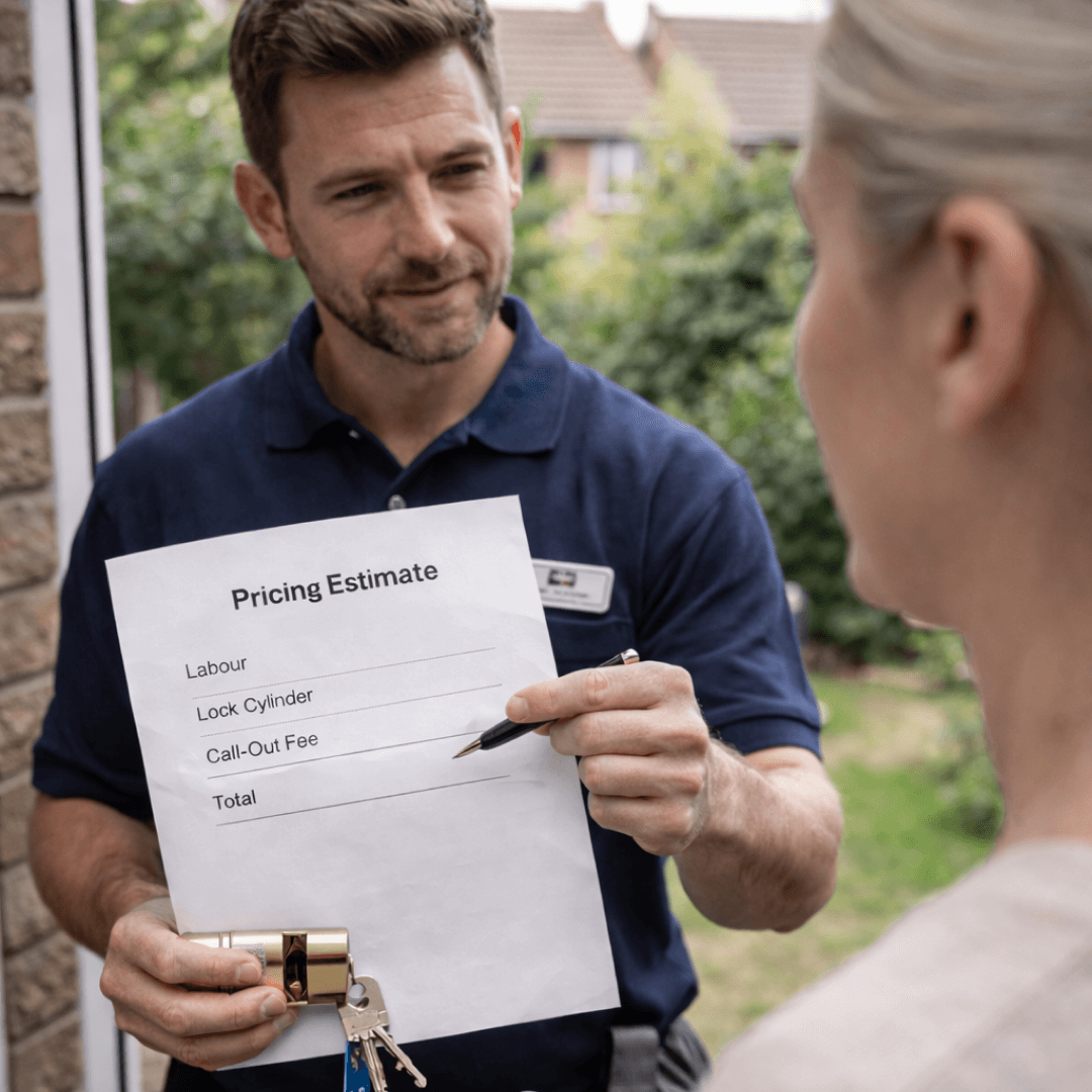 Locksmith showing a signed 1-year guarantee document to a customer.