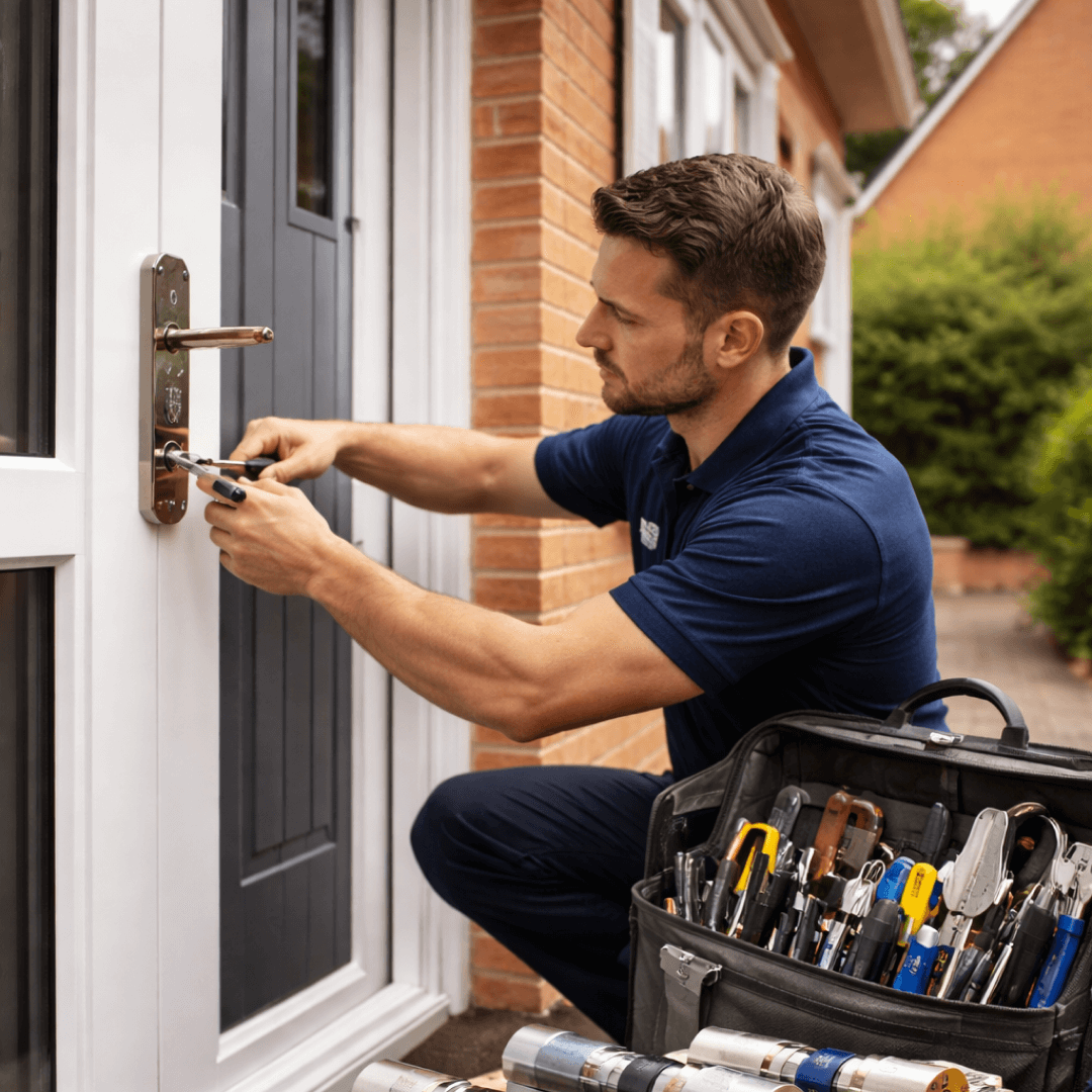 Professional locksmith repairing a door lock in Coventry.